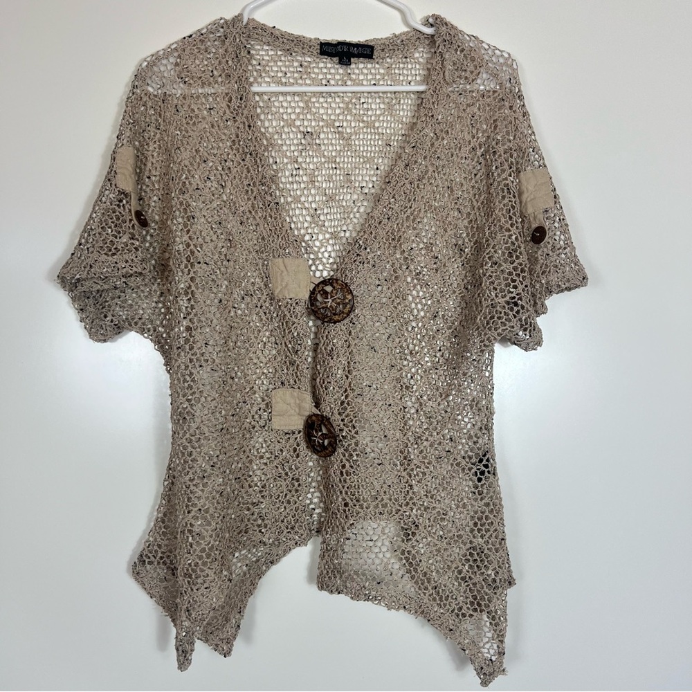 Beige Open-Knit Mesh Cardigan – Boho Button Front Top
